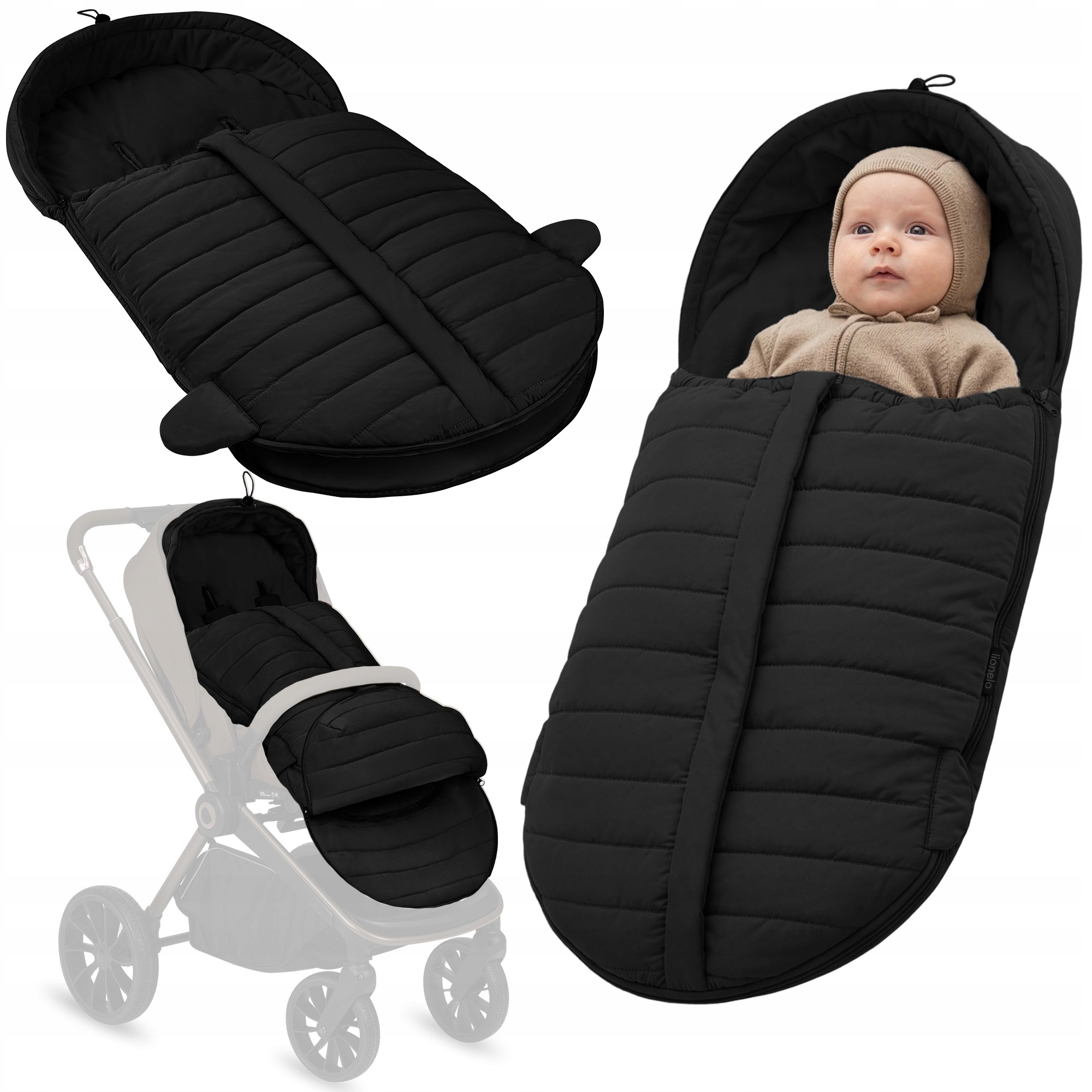 Lionelo Oli Śpiworek do Wózka Black  SPIWOREK-DO-WOZKA-sanek-gondoli-fotelika-WODOODPORNY-4w1-LIONELO-OLI