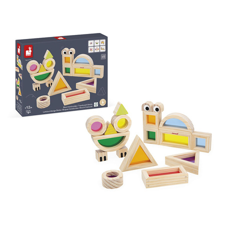 Janod Klocki drewniane przeźroczyste kolorowe sensoryczne 12 m+