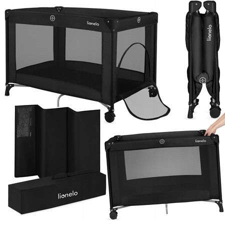 Lionelo Amelie Łóżeczko dziecięce turystyczne składane materac 2 koła torba Black Carbon