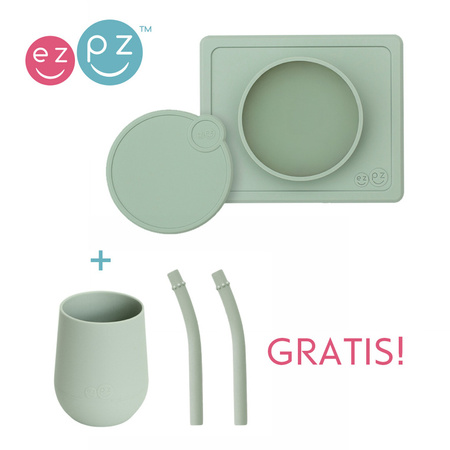EZPZ SIlikonowa miseczka z podkładką 2w1 Mini Bowl z pokrywką + GRATIS silikonowy kubeczej Mini Cup 120ml z 2 słomkami pastelowa zieleń