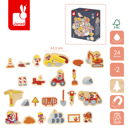 Janod Magnesy drewniane Plac budowy 24 szt. 2+