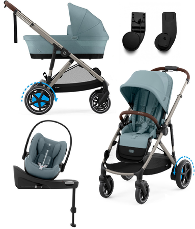 Cybex E-Gazelle S Wspomagany Wózek Spacerowy Rama Taupe Stormy Blue + Fotelik Cybex Cloud G I - Size Fotelik + Baza G + Adaptery