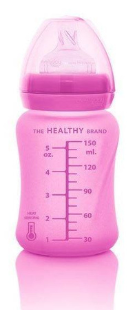 Everyday Baby, Szklana butelka ze smoczkiem S reagująca na temperaturę, 150 ml Wiśniowy