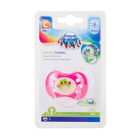 Canpol Smoczek Silikonowy Symetryczny Ze Świecącym Uchwytem Sówki 18M+