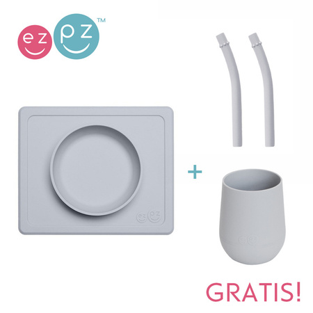 EZPZ Silikonowa miseczka z podkładką 2w1 Mini Bowl + GRATIS silikonowy kubeczek Mini Cup 120ml z 2 słomkami pastelowa szarość