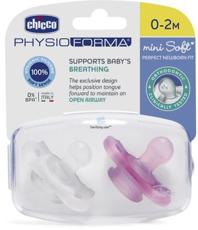 Chicco Smoczek Uspokajający Physioforma Mini Soft Silikonowy 0-2m Boy 2 Szt Girl