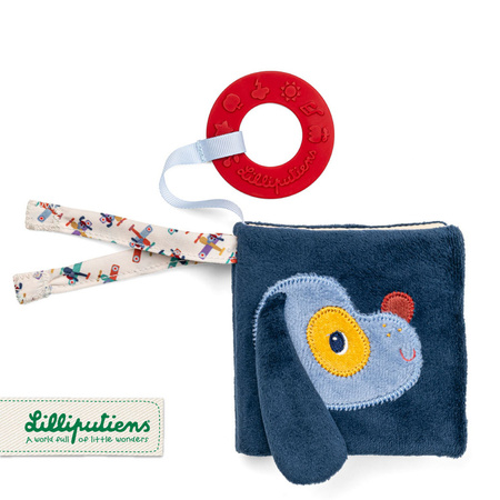 Lilliputiens Mini-książeczka wielofunkcyjna z szeleszczącą folią i gryzakiem Piesek Jules 6 m+