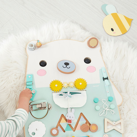 Janod Duża drewniana tablica manipulacyjna 20 aktywności Miś Pure 18m+