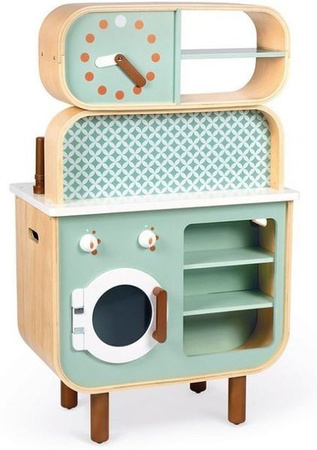 Janod Dwustronna Drewniana Kuchnia z Pralką 2w1 z Dźwiękiem, Światłem Led i 8 Akcesoriami