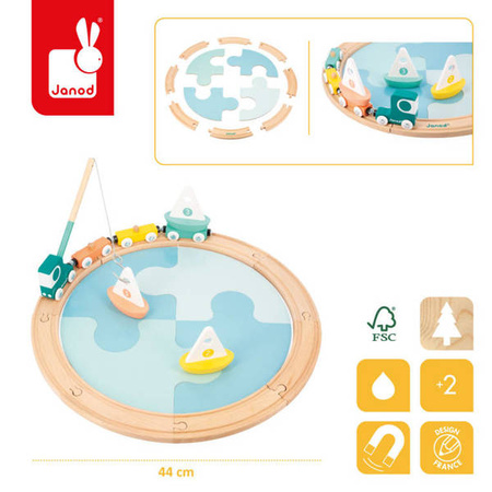 Janod Pociąg Drewniany z Torami, Łódkami i Makieta Jeziora Bolid