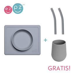 EZPZ Silikonowa miseczka z podkładką 2w1 Mini Bowl + GRATIS silikonowy kubeczek Mini Cup 120ml z 2 słomkami  szary