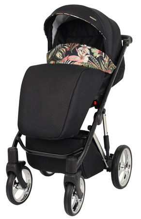 Kunert Molto Premium Wózek Głęboko-Spacerowy 2w1 Czarny + Kwiaty Srebrna Rama Koła Żelowe