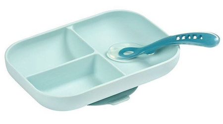 Beaba Komplet Naczyń z Silikonu Trójdzielny Talerz z Przyssawką + Łyżeczka Niebieski