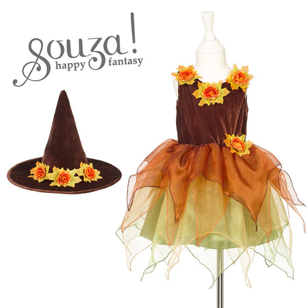 Souza! Kostium sukienka tiulowa z kwiatami i kapelusz czarownica Sabrina 5-7 lat