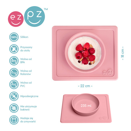 EZPZ Silikonowa miseczka z podkładką 2w1 Mini Bowl + GRATIS silikonowy kubeczek Mini Cup 120ml z 2 słomkami pastelowy róż