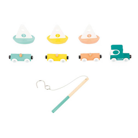 Janod Pociąg Drewniany z Torami, Łódkami i Makieta Jeziora Bolid