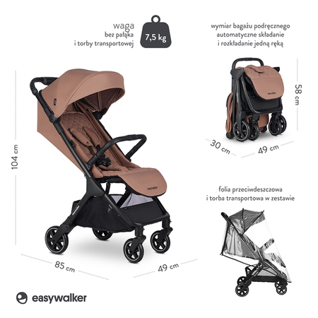 Easywalker Jackey Kompaktowy Wózek Spacerowy z Torbą Transportową Pecan Brown