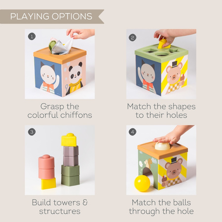 Taf Toys Pojemnik Zabawa i Odkrywanie Sensoryczna Kostka Edukacyjna 12m+ z chustkami