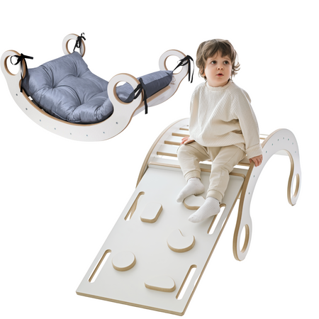 GUGI Bujak Montessori XL Drewniany z Ścianką Wspinaczkową / Zjeżdżalnią + Poduszka Szara