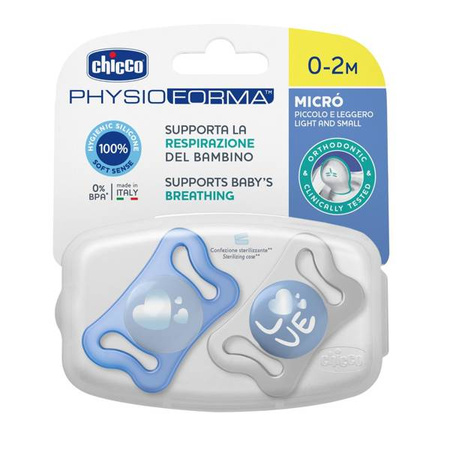 Chicco PhysioForma Micro Smoczek Silikonowy 0-2m 2szt. Niebieski