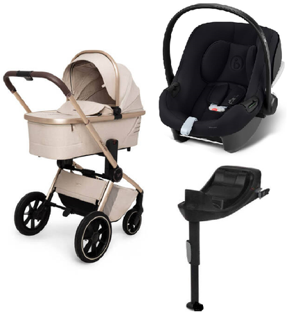 Muuvo Quick Boho Wózek Głęboko-Spacerowy Beige + Cybex Aton B2 i-Size Fotelik Samochodowy 0-13kg + Baza One Volcano Black