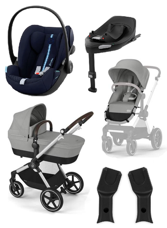 Cybex Eos Lux Wózek Głęboko-Spacerowy Rama Silver Stone Grey + Cybex Cloud G I - Size Fotelik Samochodowy Ocean Blue Plus + Adaptery + Baza