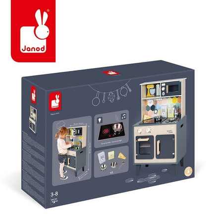 Janod Duża drewniana kuchnia z dźwiękiem, światłem LED i 6 akcesoriami Mozaika 3-8 lat