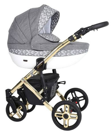 Kunert Mila Premium Wózek Głęboko-Spacerowy 2w1 Szary Len + Kostka Złota Rama Koła Żelowe