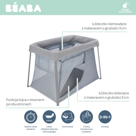 Beaba Łóżeczko turystyczne dwupoziomowe z funkcją kojca 3w1 Eazy sleep Heather grey / Pebble