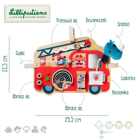 Lilliputiens Drewniana Tablica Manipulacyjna Wóz Strażacki Nosorożec Marius 9m+