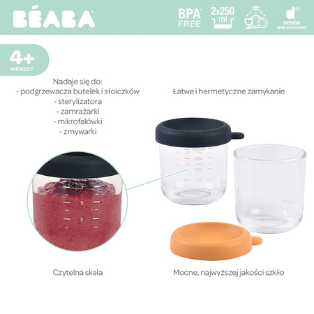 BEABA Zestaw pojemników słoiczków szklanych z zamknięciem 2 x 250 ml Night blue/Honey