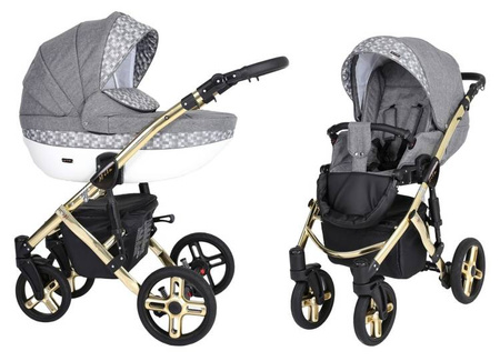 Kunert Mila Premium Wózek Głęboko-Spacerowy 2w1 Szary Len + Kostka Złota Rama Koła Żelowe