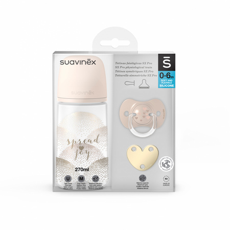 Suavinex Zestaw butelka 270ml + smoczek 0-6m + klips beżowe