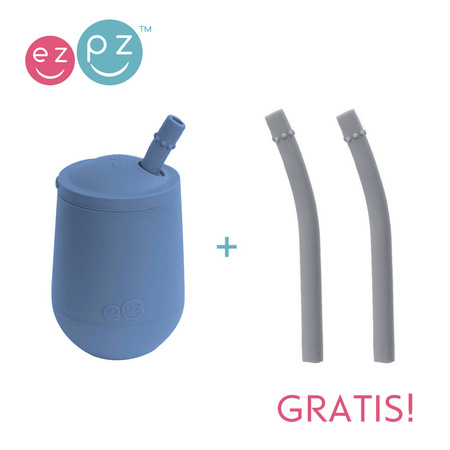 EZPZ Silikonowy kubeczek ze słomką Mini Cup + Straw Training System 120 ml ciemny niebieski + 2 słomki GRATIS szary
