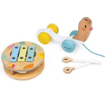 Janod Drewniany Ślimak Do Ciągnięcia z Cymbałkami i Bębenkiem Pure