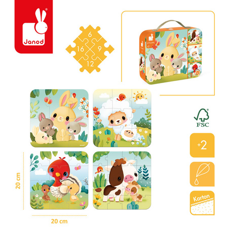 Janod Puzzle progresywne w walizce Zwierzątka na farmie 4 układanki – 6, 9, 12 i 16 elementów 2+