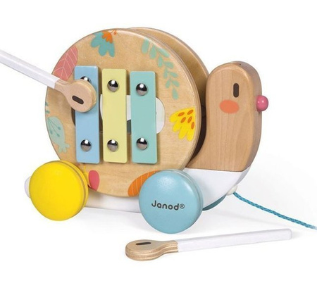 Janod Drewniany Ślimak Do Ciągnięcia z Cymbałkami i Bębenkiem Pure