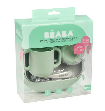 Beaba Beaba Silikonowy Zestaw do Posiłków Talerzyk Trójdzielny z Przyssawką, Kubek z Dziubkiem, Łyżeczka i Śliniak