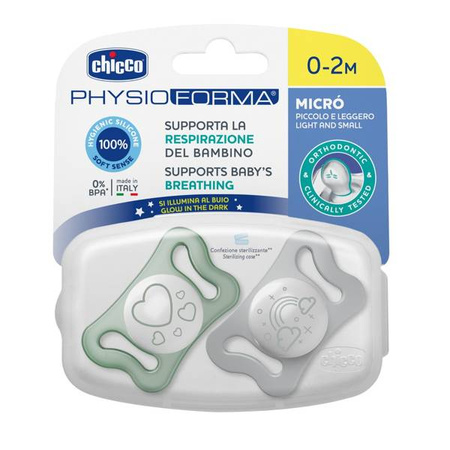 Chicco PhysioForma Micro Smoczek Silikonowy 0-2m 2szt. Glow