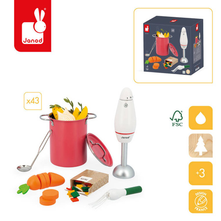 Janod Zestaw do gotowania zupy z drewnianym blenderem i akcesoriami 3+