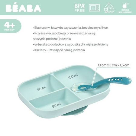 Beaba Komplet Naczyń z Silikonu Trójdzielny Talerz z Przyssawką + Łyżeczka Niebieski
