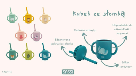 Sassi Kubek silikonowy z rurką dla dzieci Leniwiec