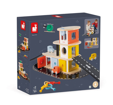 Janod Drewniany garaż piętrowy z 4 akcesoriami Bolid 2+