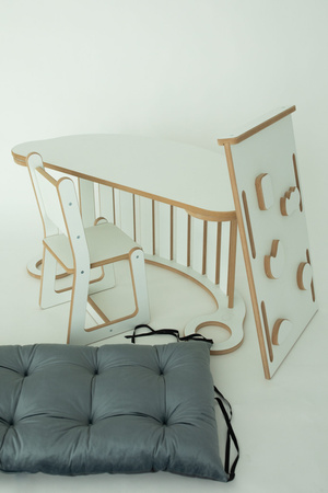 GUGI Drewniany Bujak Montessori XL + Ścianka Wspinaczkowa / Zjeżdzalnia + Poduszka Szara + Krzesełko + Blat