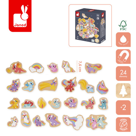 Janod Magnesy drewniane Jednorożce i smoki 24 szt. 2+