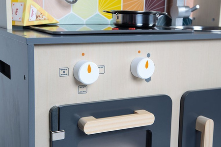 Janod Duża drewniana kuchnia z dźwiękiem, światłem LED i 6 akcesoriami Mozaika 3-8 lat