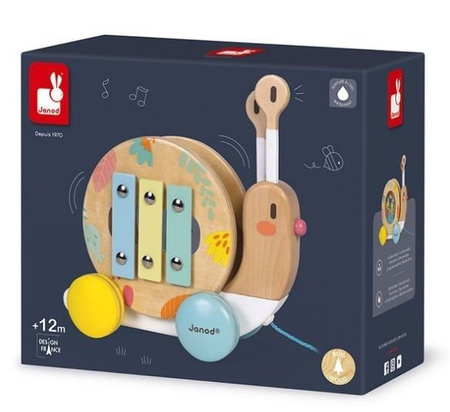 Janod Drewniany Ślimak Do Ciągnięcia z Cymbałkami i Bębenkiem Pure