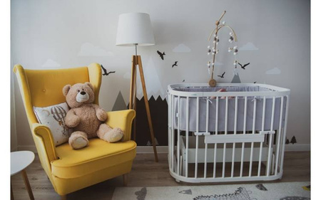 Waldin Łóżeczko 5w1 z Kołyską i Wyposażeniem Szare + Fioletowe Dodatki