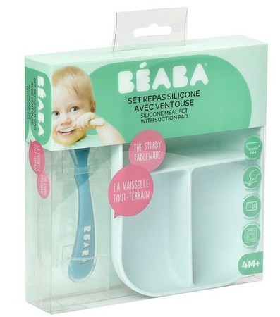 Beaba Komplet Naczyń z Silikonu Trójdzielny Talerz z Przyssawką + Łyżeczka Niebieski