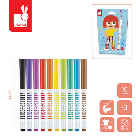 Janod Flamastry pędzelkowe 10 kolorów 3+